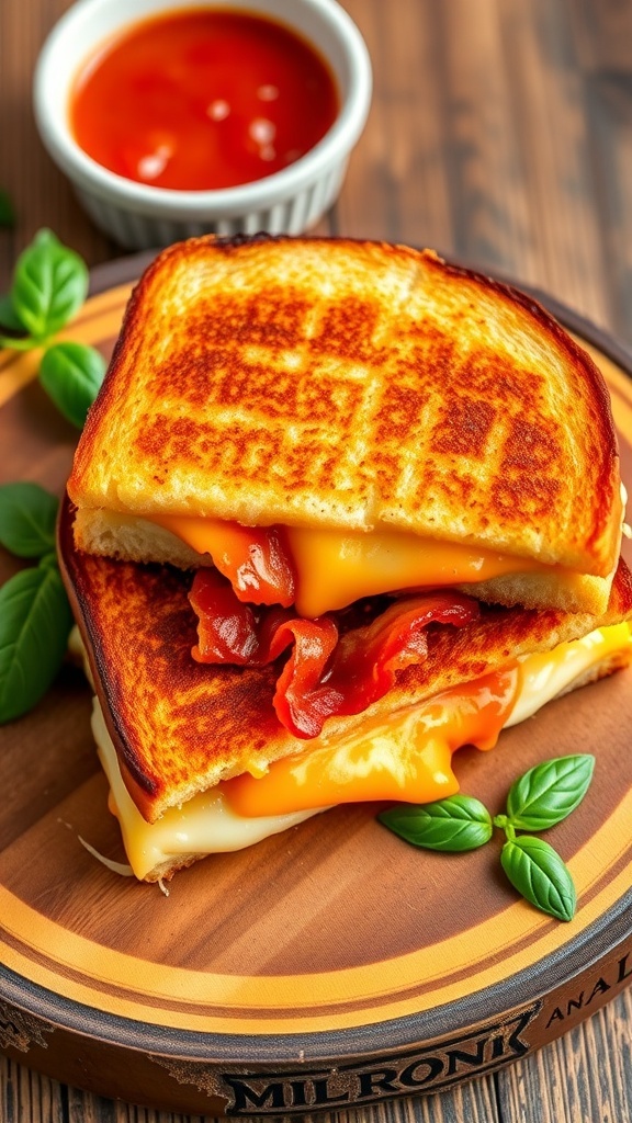Air fryer grilled cheese sandwich with bacon, cut in half, served with marinara sauce and basil.